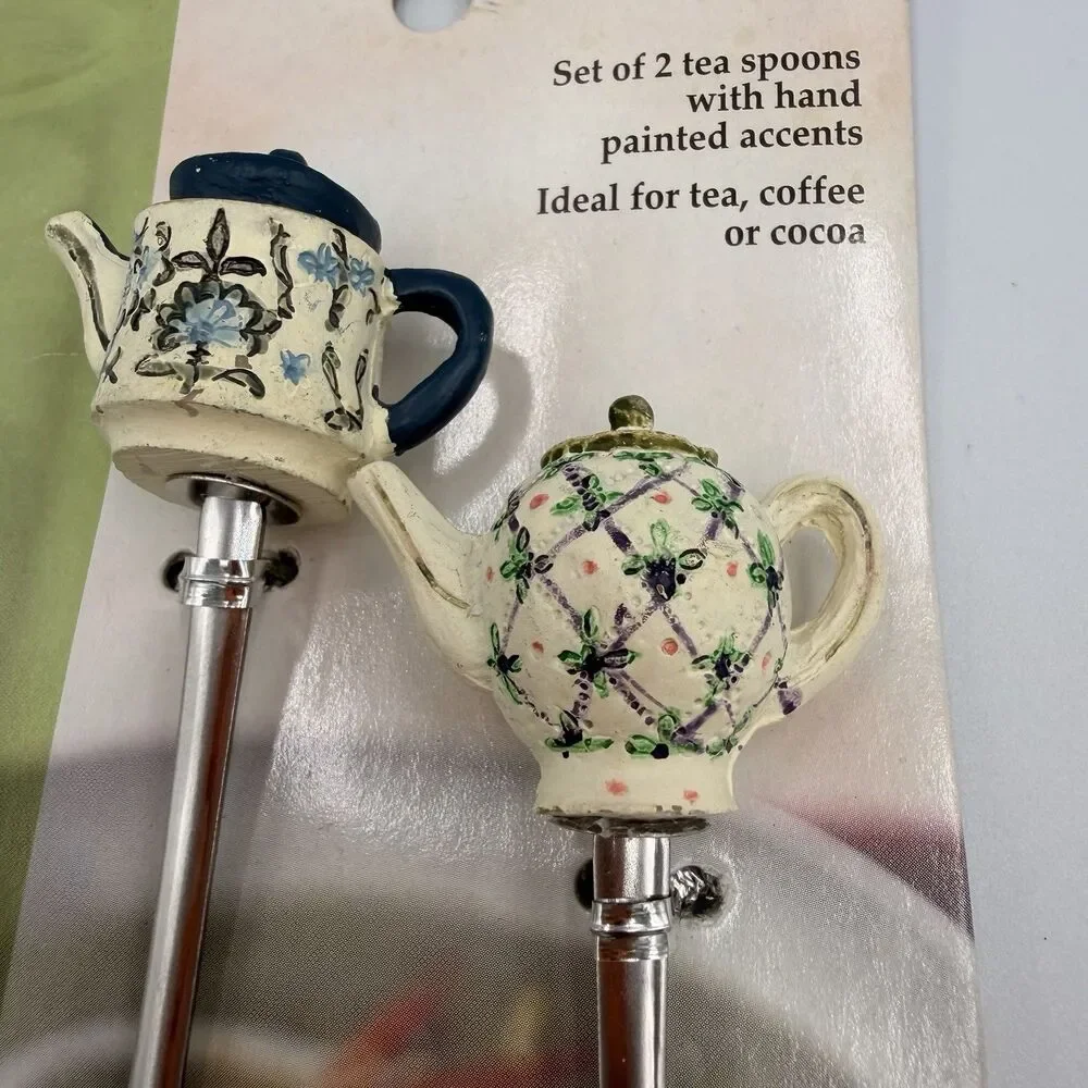 Vintage ACME Teapot Teaspoon Set 2 Hand Painted Tea Pot Spoons Cottagecore NEW